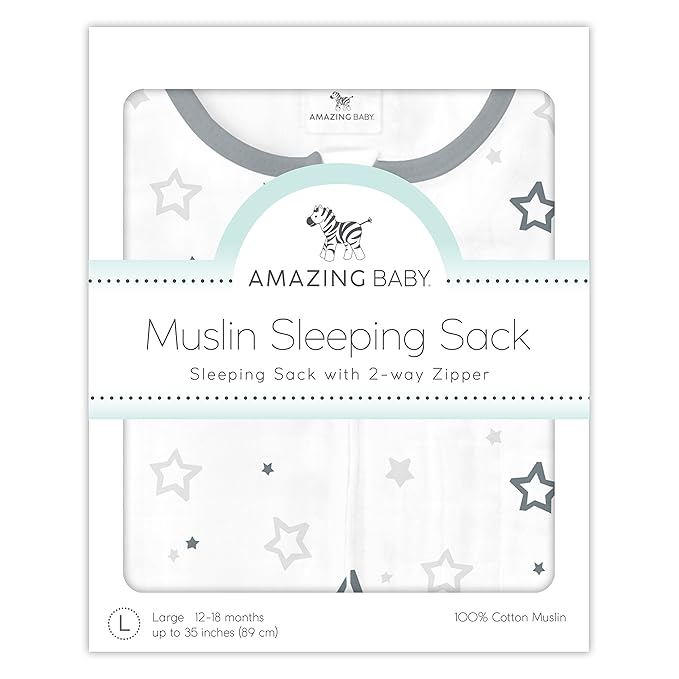 Amazing Baby Cotton Muslin Sleeping Sack, For Baby Boy or Girl, Wearable Blanket with 2-way Zipper, Stars, Sterling, Small (0-6 Month)-CubbioJoy
