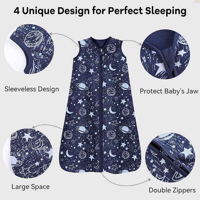 Baby Sleep Sack 18-24 Months 3 Pack 100% Cotton Lightweight 0.5 TOG Wearable Blanket Baby Sleep Bag with 2-Way Zipper for Infant Toddler Blue-CubbioJoy