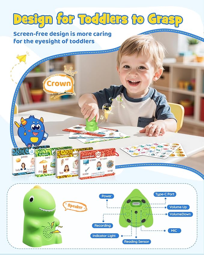 Dinosaur Talking Pen with Phonics Cards, Montessori Toys for Toddlers, Autism Sensory Interactive Toys, Educational Birthday ABC 123 Learning Set, 73PCS Flash Cards & 6 Stickers-CubbioJoy