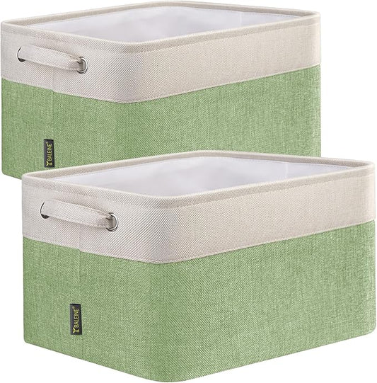 BALEINE 2 Pack Fabric Storage Bins for Shelves, Linen Storage Baskets for Organizing, Decorative Closet Bins for Clothes, Home (Green, 12"x8"x8")-CubbioJoy