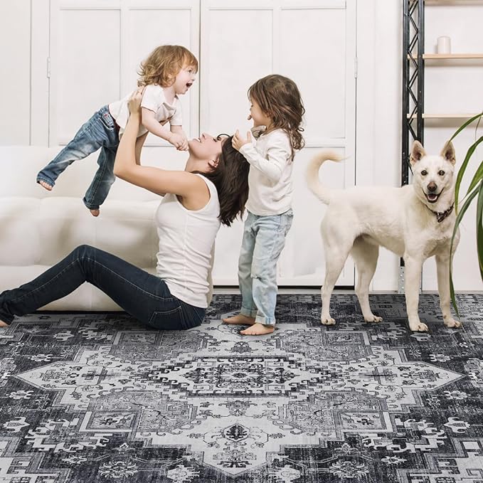 4x6 Washable Area Rug for Living Room, Carpet for Bedroom, Soft Faux Wool Retro Dining Room Rug, Non Slip&Non-Shedding Resistant Low Pile Vintage Print Rug for Home Office (Medium Gray)-CubbioJoy