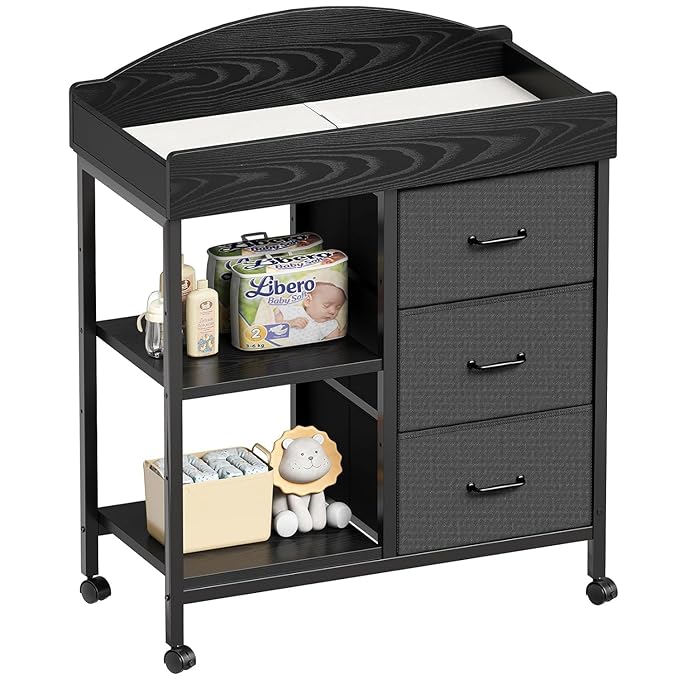 Changing Table Dresser, Baby Dresser with 3 Fabric Drawers and 2 Shelves, Multi-Functional Baby Changing Table with Pad, Classic Nursery Dresser, Diaper Changing Station for Nursery, Black-CubbioJoy