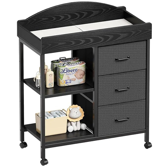 Changing Table Dresser, Baby Dresser with 3 Fabric Drawers and 2 Shelves, Multi-Functional Baby Changing Table with Pad, Classic Nursery Dresser, Diaper Changing Station for Nursery, Black-CubbioJoy