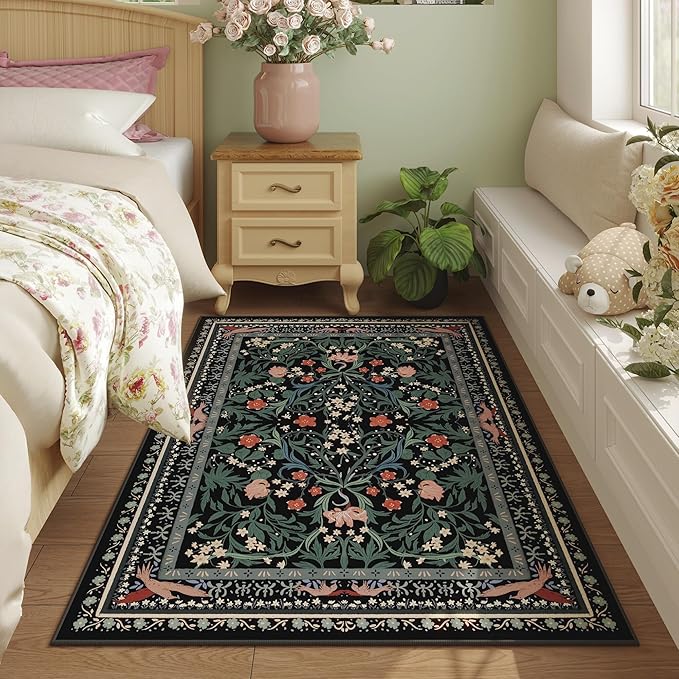 Bedroom Rug 3x5 Rug Washable Area Rug Non Slip Low Pile Vintage Floral Botanical Small Carpet for Bedroom, Bedside, Kitchen, Entryway, Kids Room, Office, Black-CubbioJoy