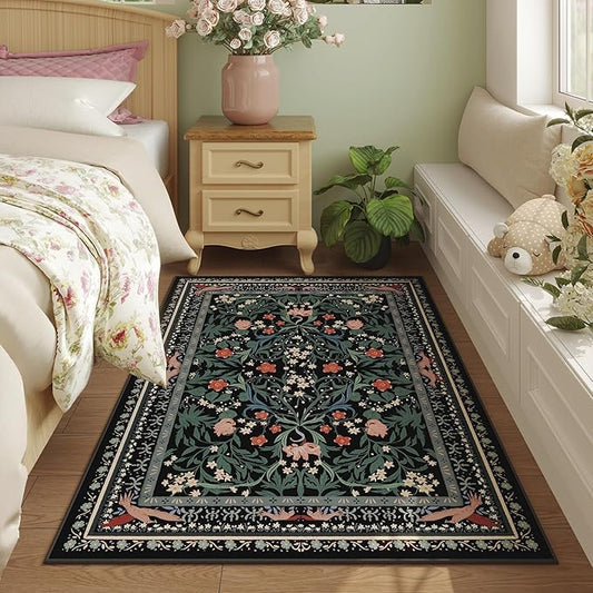 Bedroom Rug 3x5 Rug Washable Area Rug Non Slip Low Pile Vintage Floral Botanical Small Carpet for Bedroom, Bedside, Kitchen, Entryway, Kids Room, Office, Black-CubbioJoy