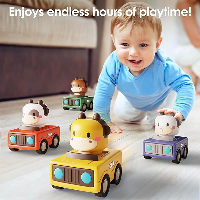 iPlay, iLearn Press to Go Car Toys for Toddlers 1-3, Baby Animal Racing Cars, Infant Play Vehicle Set, Baby Push Go Friction Car Toys for 6-9-12-18 Months, 1st Birthday Gifts for 1-2 Years Old Boys-CubbioJoy