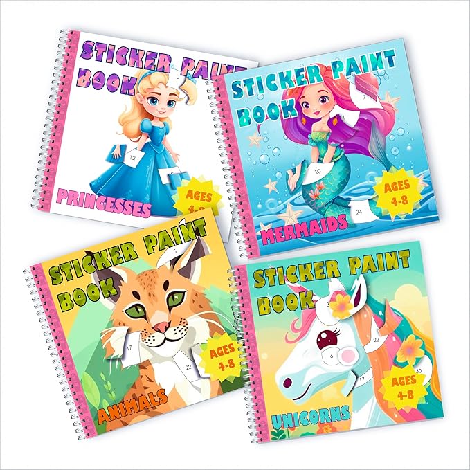 BulbaCraft 4Pcs Sticker Paint Books for Girls - Sticker Books by Number with Mermaids, Princesses, Animals and Unicorns - Coloring Activity for Kids-CubbioJoy