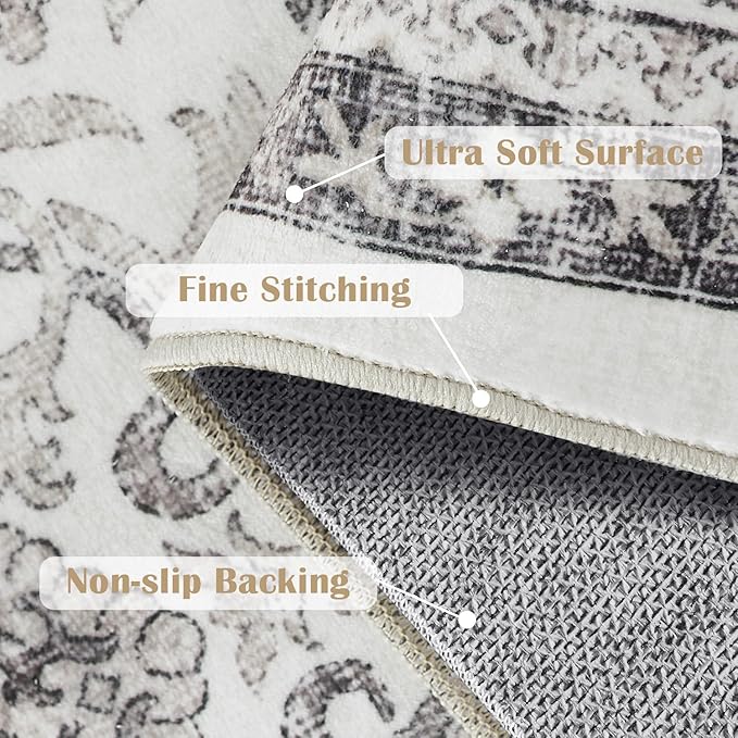 jinchan Runner Rug 2x6 - Machine Washable Beige Vintage Floral Distressed Design Soft Non-Slip Low-Pile Ultra-Thin Runner Rug for Kitchen Hallway Laundry Room Entryway Farmhouse (2‘x6',Beige)-CubbioJoy