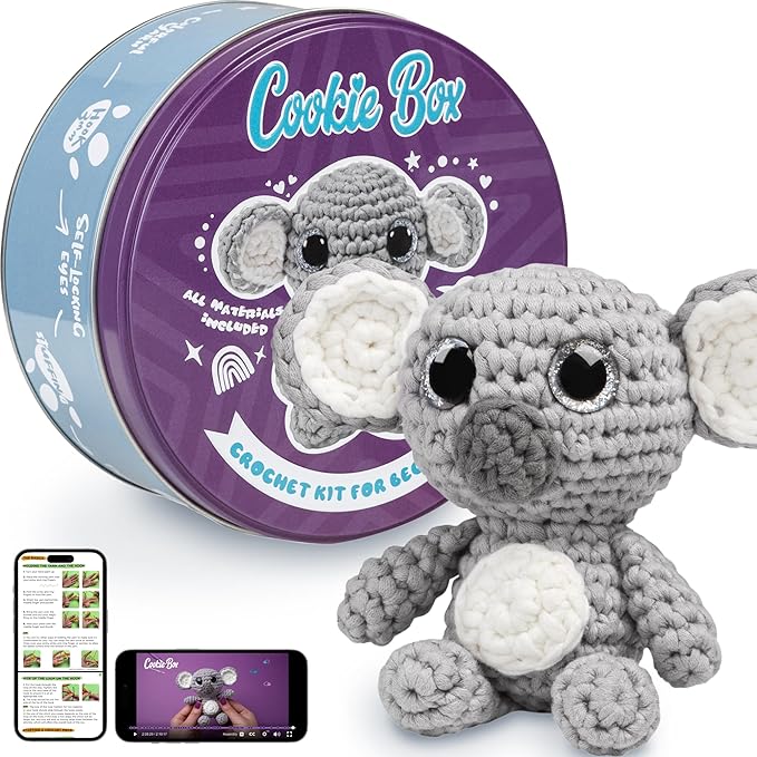 Cookie Box Crochet Kit for Beginners - Learn to Craft Amigurumi Stuffed Animals - Knitting Gift for Kids and Adults - Beginner-Friendly Yarn - Stitch-by-Stitch Video Tutorial - Koala Coal-CubbioJoy