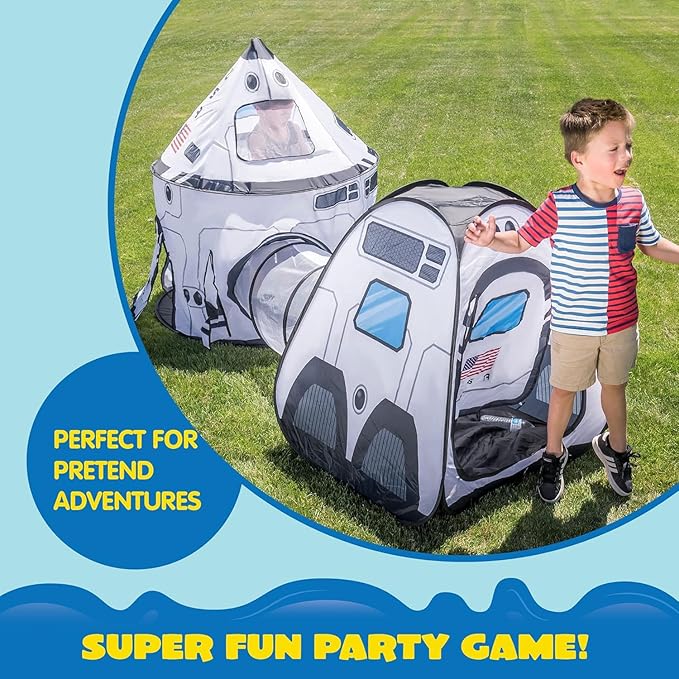JOYIN White Rocket Ship Pop up Play Tent with Tunnel and Playhouse Kids Indoor Outdoor Spaceship Tent Set-CubbioJoy