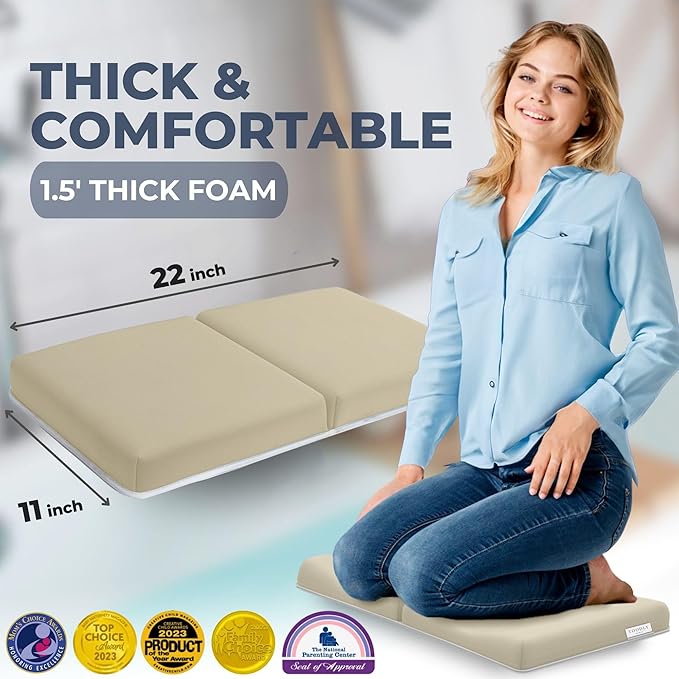 Comfortable Baby Bath Kneeler and Elbow Rest Pad Set – Thick Memory Foam Bath Kneeling Pad with Elbow Support – Baby Bathtub Cushion with Toy Organizer for Bathing Infant or Toddler - Beige-CubbioJoy