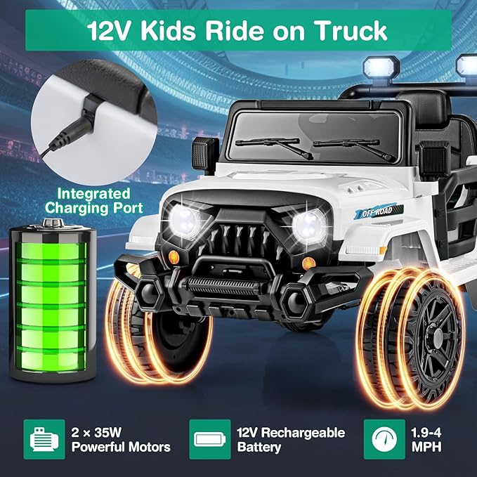 Costzon 12V Kids Ride on Truck Car, Electric Vehicle w/Remote Control, Threaded Wheels, 3 Speeds, LED Lights, Music, Horn & Wireless Connection, Battery Powered Ride on Toy for Boys & Girls 3+ (White)-CubbioJoy