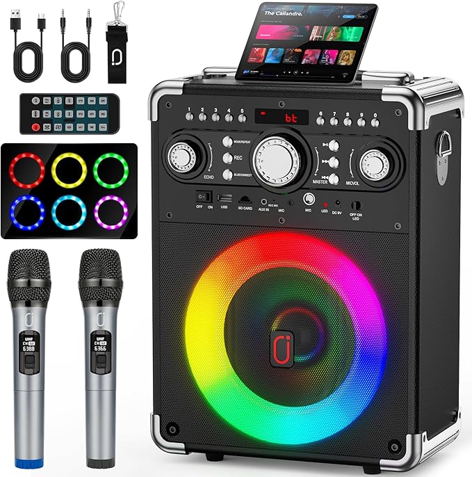 Karaoke Machine with 2 Wireless Microphones for Adults, Portable Bluetooth Party Speaker with Echo Adjustment, Singing Machine Support TWS/USB/TF Card/Guitar/TV Connected for Outdoor/Events etc-CubbioJoy