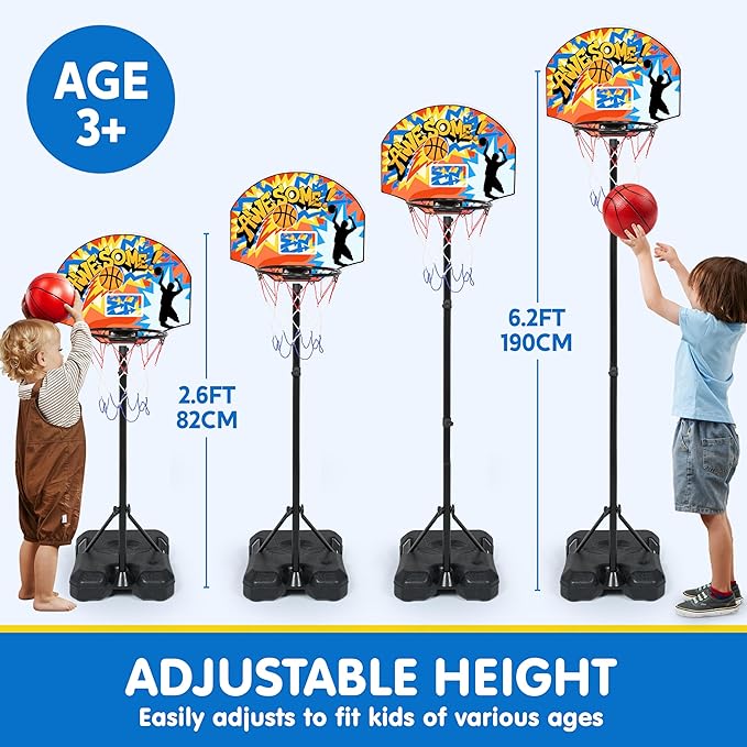 JOYIN Kids Basketball Hoop, Adjustable Height 2.8 ft-6.2 ft Toddler Basketball Hoop for Kids Indoor Outdoor Play Portable Basket Ball for Boys Girls Age 3 4 5 6 7 8 Gift-CubbioJoy