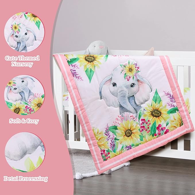 Cloele Crib Bedding Set for Baby Girls - 3 Piece Elephant Baby Bedding Set includes Pink Crib Skirt Crib Quilt Fitted Sheet - Sunflower Soft Nursery Comforter Bedding Set for Girls-CubbioJoy