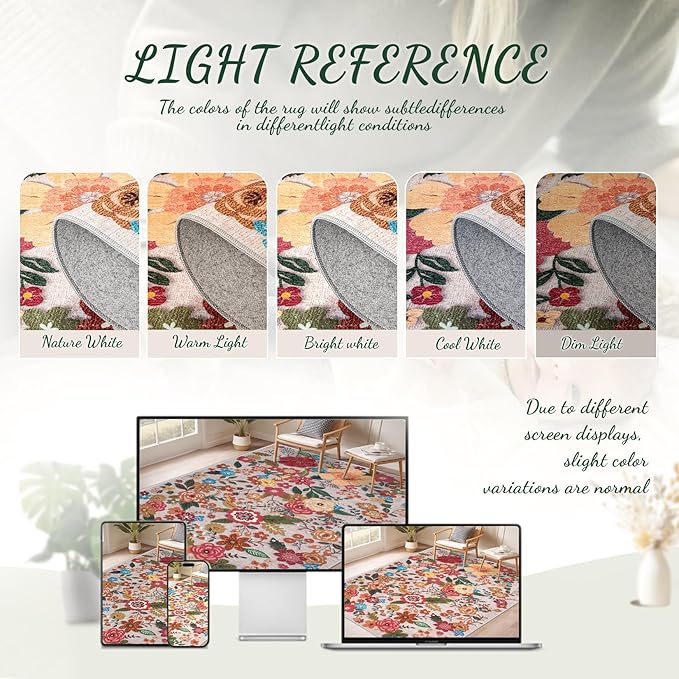 Area Rug Living Room Rugs: 5x7 Washable Rug Vintage Floral Soft Boho Non Slip Carpet Indoor Floor Non Shedding Low Pile Thin Carpets for Bedroom Dining Room Farmhouse Nursery Home Office Beige-CubbioJoy