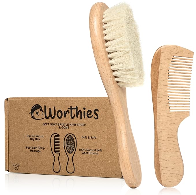 Baby Hair Brush & Comb Set, Wood Hair Brush with Soft Goat Bristles and Comb, Newborn Infant & Toddler for Cradle Cap-CubbioJoy