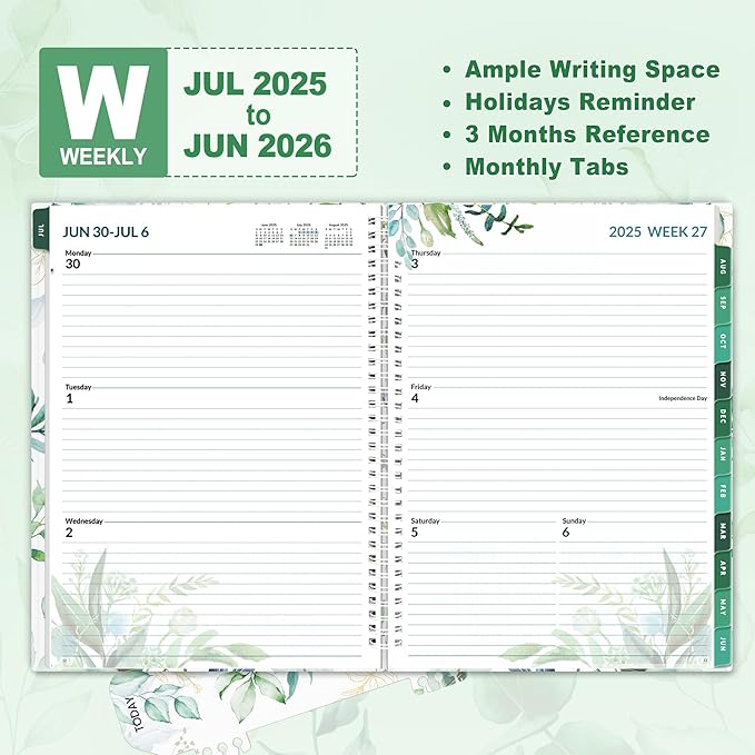 SUNEE Academic Planner 2025-2026 Weekly and Monthly, July 2025-June 2026, 8.5"x11", Tabs, Note Pages, Pockets, Bookmark, Flexible Cover, Spiral Binding, Greenery-CubbioJoy