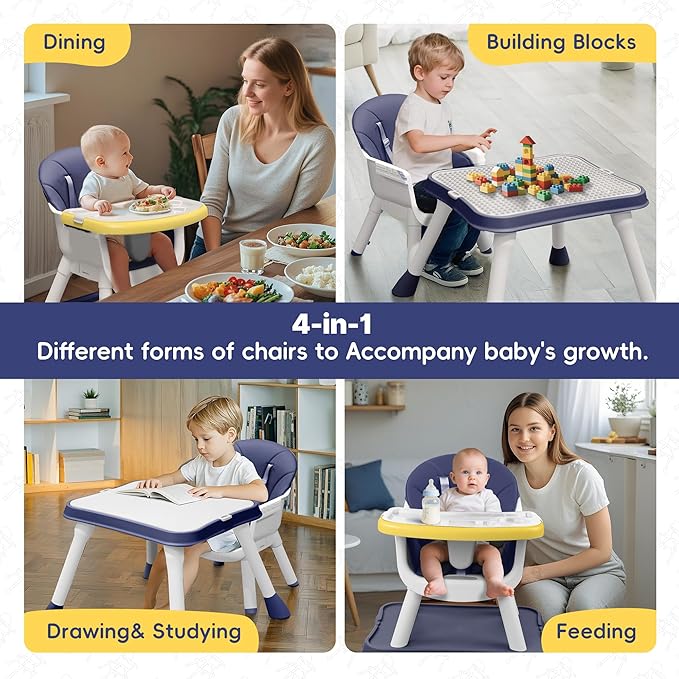 4 in 1 Baby High Chair, Toddler Chair with Removable Tray, Convertible High Chairs for Babies and Toddlers, Kids Learning Table, Building Block Table, Dining Booster Seat with Safety Harness, Blue-CubbioJoy