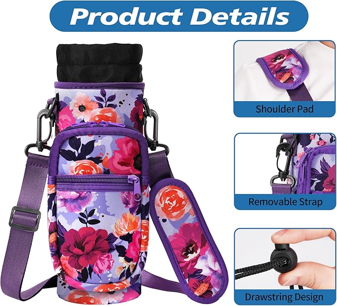 32 40 oz Water Bottle Carrier with Strap, Neoprene Water Bottle Sleeve Bag with 2 Pockets Insulated Flask Sling Holder for Walking Hiking Gym-CubbioJoy