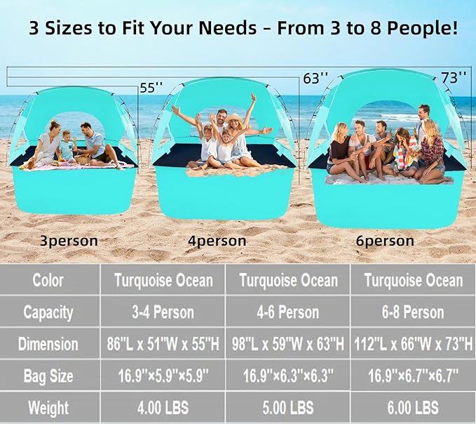 Beach Tent, Portable Sun Shelter for 2/3/4/6-8 Person with UPF 50+ UV Protection, Easy Setup Waterproof Beach Shade Canopy Cabana for Family Outdoor and Picnics, Fishing with Carrying Bag-CubbioJoy