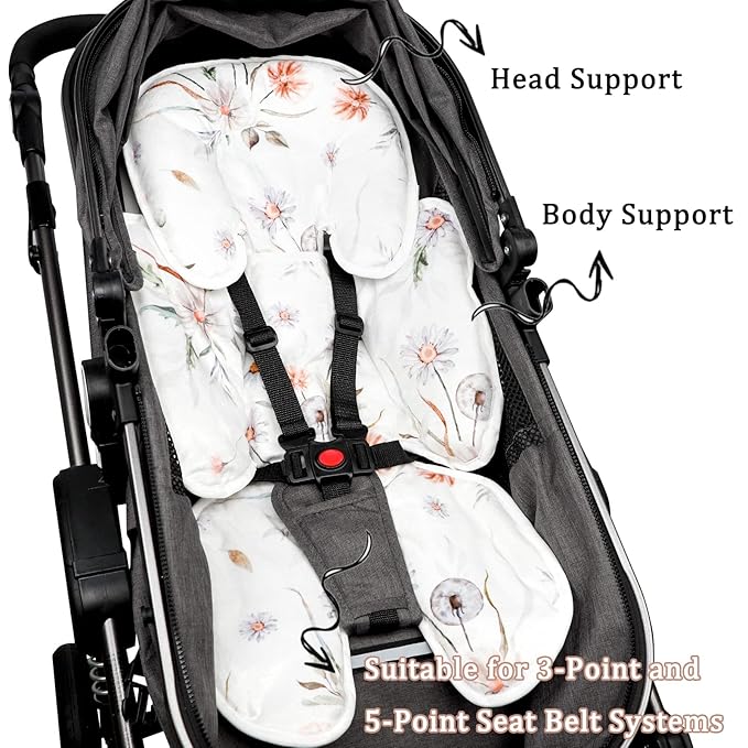 2 in 1 Infant Car Seat Insert, Car Seat Head Support Baby Girls Boys, Soft Newborn Carseat Insert Cushion, Perfect for Carseats, Strollers, Swings (White Flower)-CubbioJoy