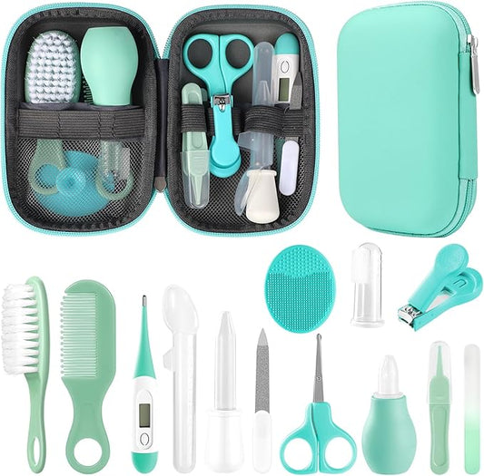 Baby Grooming Kit, Infant Safety Care Set with Hair Brush Comb Nail Clipper Nasal Aspirator,Baby Essentials Kit for Newborn Girls Boys (Green)-CubbioJoy
