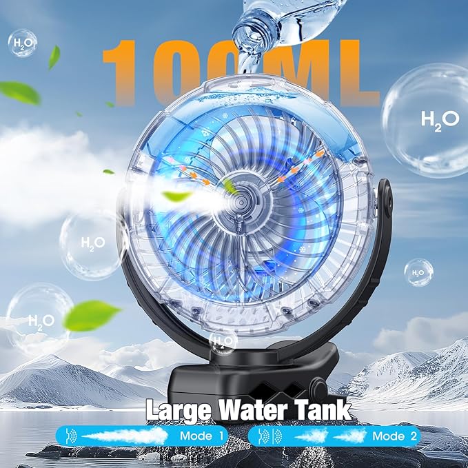 Ausic Portable Misting Clip on Fan, 100ml Camping Stroller Fan with LED, Max 45H Working Time Golf Cart Fans, 360° Rotate Cooling Spray, Outdoor Rechargeable Battery Fans for Travel/Home/Beach-CubbioJoy