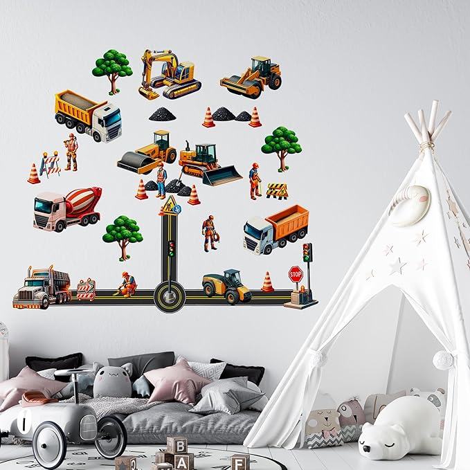 Construction Car Wall Decals for Boys by Lipastick - Road, Trucks, Tractors, Excavators Wall Stickers for Kids Bedroom, Nursery, Playroom - Peel and Stick Transport Themed Wall Decals - M Size-CubbioJoy
