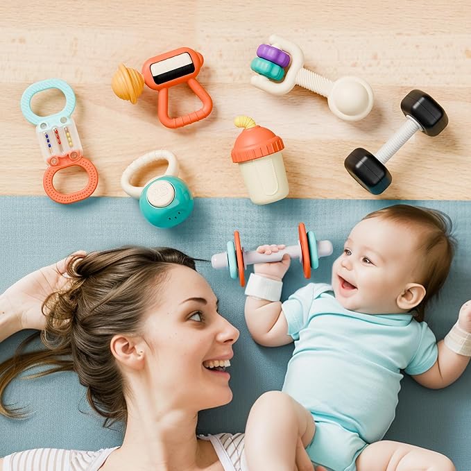 iPlay, iLearn Baby First Gym Rattle Set, Infant Dumbbell Weights Teething Rattles 3-6-12 Month, Newborn Workout Sensory Stroller Toy, Babies Birthday Shower Gift 5 7 8 9 10 Month Toddler Boy Girl-7PCS-CubbioJoy