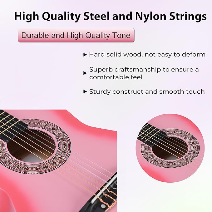 ADM Beginner Acoustic Classical Guitar 36 Inch Nylon Strings Wooden Guitar Bundle Kit for Kid Boy Girl Student Youth Guitarra Online Lessons with Gig Bag, Strap, Tuner, Strings, Picks, Pink-CubbioJoy