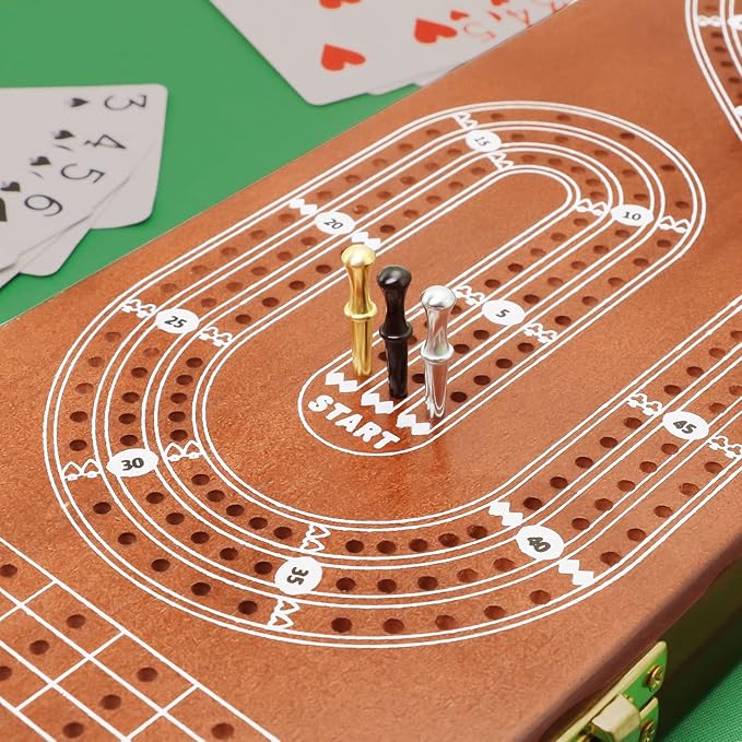 Cribbage Board Game Set 3 Tracks, Plusvivo Solid Oak Wood Cribbage Boards Unique with 9 Metal Pegs & 2 Storage Area, 15.5 X 4.9 X 1.2 in Travel Portable Cribbage Game Sets for Family-CubbioJoy