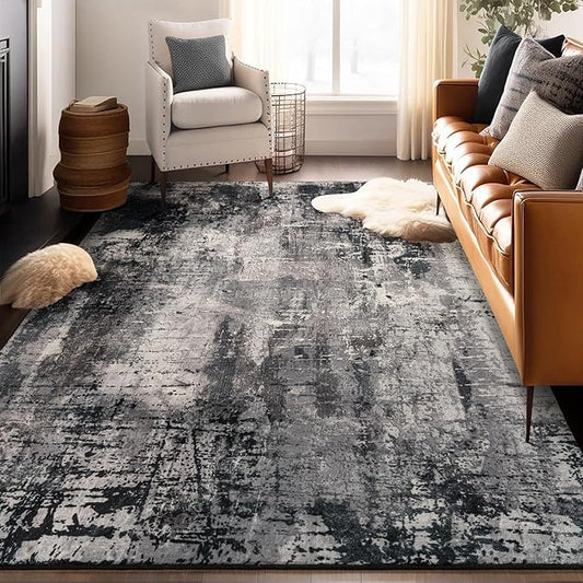 Area Rug Living Room Rug, 4x6 Modern Abstract Washable Rug Black Non Slip Foldable Faux Wool Vintage Carpet, Fluffy Non-Shedding Rugs for Living Room, Bedroom, Dining Room, Kids Playroom-CubbioJoy