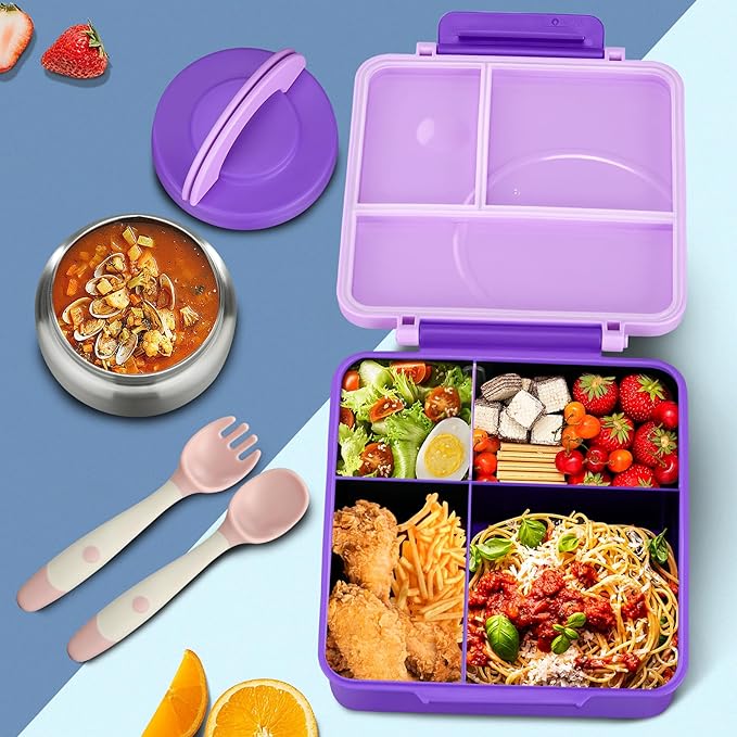 Bento Lunch Box for Kids with 8oz Soup Thermo&Lunch Bag, Leak-Proof Lunch Food Containers with 4 Compartment, Hot Food Insulated Food Jar for Kids School (Purple)-CubbioJoy