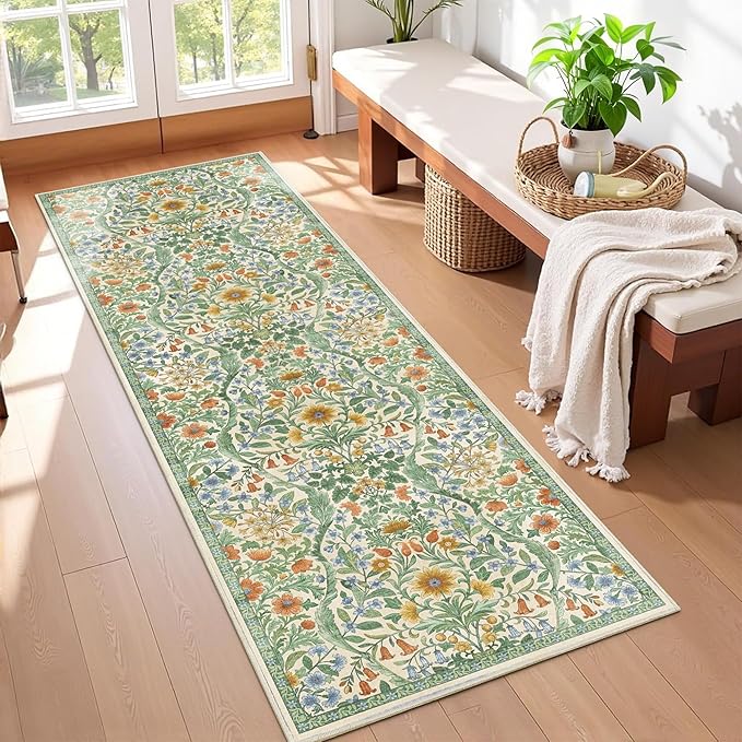 2x6 Washable Runner Rug,Grass Green Floral Boho Area Rug for Hallway,Low-Pile Non-Slip Stain Resistant Carpet for Kitchen, Bedside,Laundry Room,Entryway-CubbioJoy