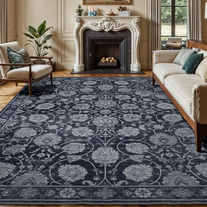 Black 9x12 Area Rug for Living Room, Washable Large Rugs, Vintage Floral Soft Carpet, Non Slip & Low Pile, Wool Carpets for Indoor Bedroom Dining Home Playroom Office Under Table, Black-CubbioJoy