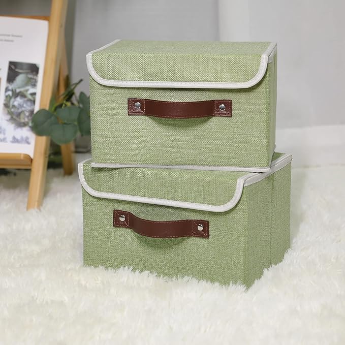 ANMINY 2PCS Storage Bins with Lid PU Leather Handles Storage Boxes PP Plastic Board Decorative Foldable Lidded Cotton Linen Fabric Home Cubes Baskets Closet Organizer Containers - Green, Small Size-CubbioJoy