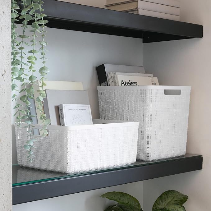 Curver Jute Decorative Plastic Organization and Storage Basket Perfect Bins for Home Office, Closet Shelves, Kitchen Pantry and All Bedroom Essentials, White, Large Cube, Set of 4-CubbioJoy