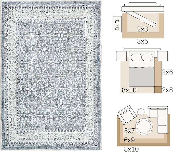 jinchan Floral 2x3 Rugs for Entryway - Machine Washable Grey Vintage Distressed Boho Design Soft Faux Wool Small Non-Slip Doormat for Entrance Kitchen Living Room Bedroom Farmhouse (2‘x3',Grey)-CubbioJoy