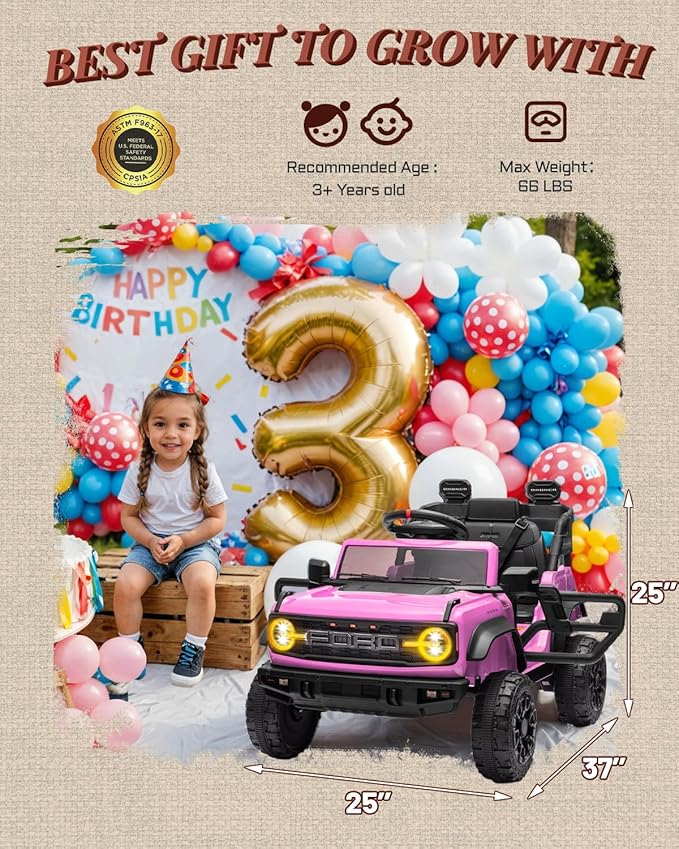 12V Electric Ride on Toys for Toddler, Ford Bronco Raptor Kids Ride on Car with Remote Control, 12 Volt Battery Powered Cars for Children with Smooth Start, Bluetooth (12V, Pink)-CubbioJoy