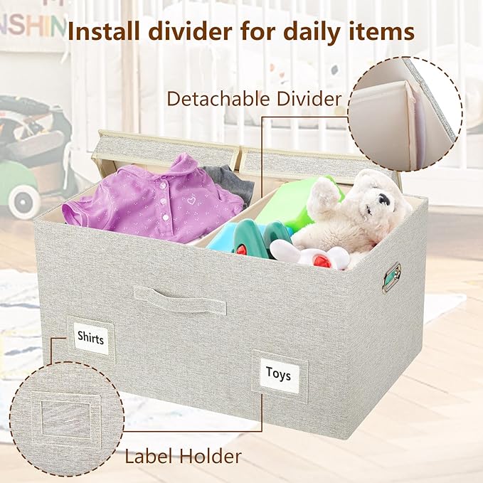 75 Quarts Extra Large Decorative Storage Bins with Lids, 3 Packs Beige Collapsible Storage Bins with Lids, Stackable Storage Bins Decorative Box Storage With Lid Extra Large-CubbioJoy