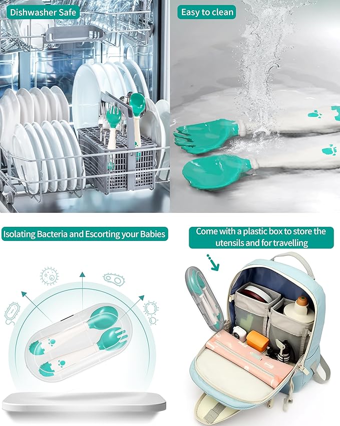 Deejoy Toddler Utensils, Self-feeding Flatware Set withTravel Case, Baby Spoons and Forks with Silicone Bendable Handle, Easy Grip Heat-Resistant, Ideal for Kids, Stage 2 (Green)-CubbioJoy