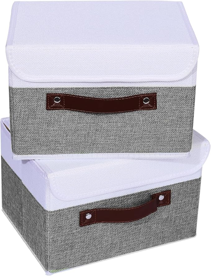 ANMINY 4PCS Storage Boxes with Lid Washable Decorative Storage Bins Basket with PU Leather Handle Foldable Linen Fabric Storage Cubes Containers for Home Closet Organizer - Gray White, Small Size-CubbioJoy