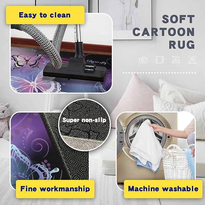 Beautiful Butterfly Fantasy Rug for Playroom Girls Bedroom Colorful Rainbow Butterfly Decor Area Carpet 2x3 Purple Mat 3D Printed Non-Slip Washable-CubbioJoy