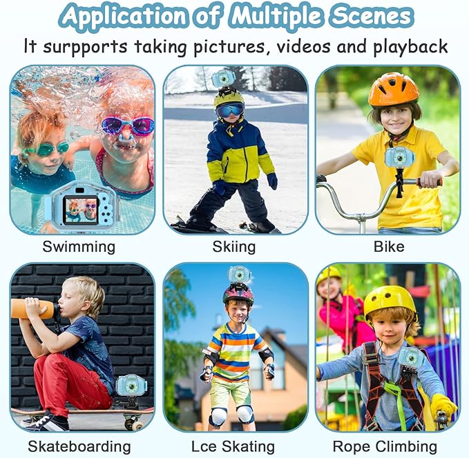 Agoigo Kids Waterproof Camera - Children Underwater HD Video Digital Camcorder, Portable Travel Toy for Toddler - Ideal Christmas Birthday Gifts for Boys Girls Age 3-12 with 32GB Card (Blue)-CubbioJoy