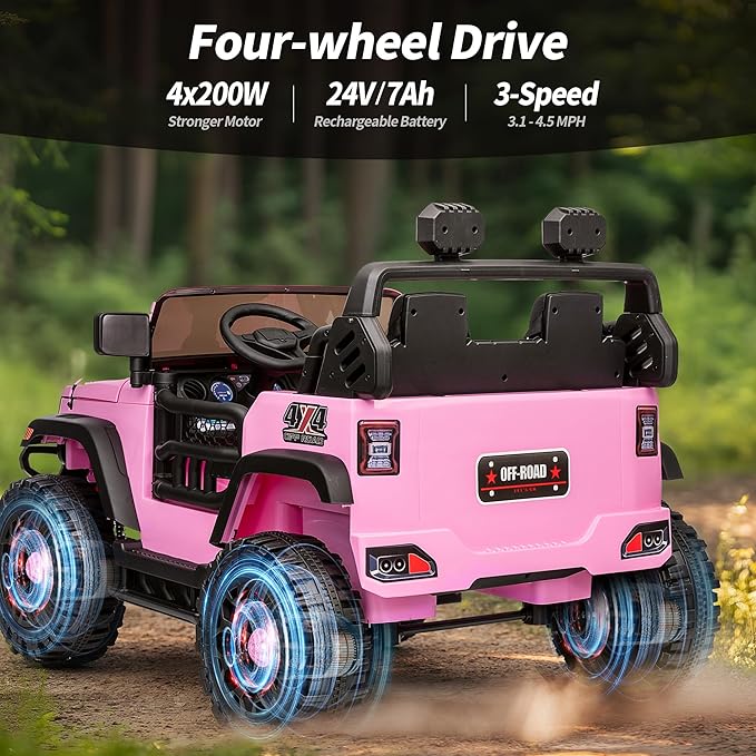 2 Seater Ride on Toy Car for Kids, 24V 4WD Ride-on Truck Kids Electric Car with Remote Control, 4x200W Motors - Light Pink-CubbioJoy