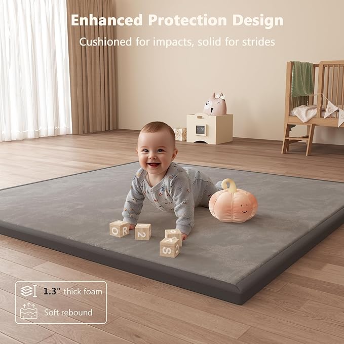 Baby Play Mat for Floor, 1.3'' Thick Memory Foam Tummy Time Mat - Super Soft Coral Velvet Nursery Rug with Non-Slip Backing, Crawling Rug for Toddlers/Infants, Yoga & Tatami Use, 50''x50''-CubbioJoy