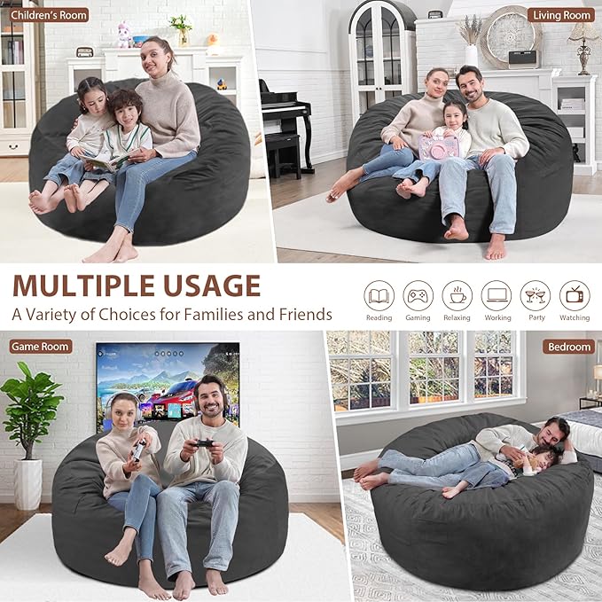 5FT Bean Bag Chair, Large Bean Bag Chairs with Memory Foam Filled, Fluffy Beanbag Sofa with Dutch Velvet Cover, Round BeanBag Chairs for Living Room, Playroom - Grey-CubbioJoy