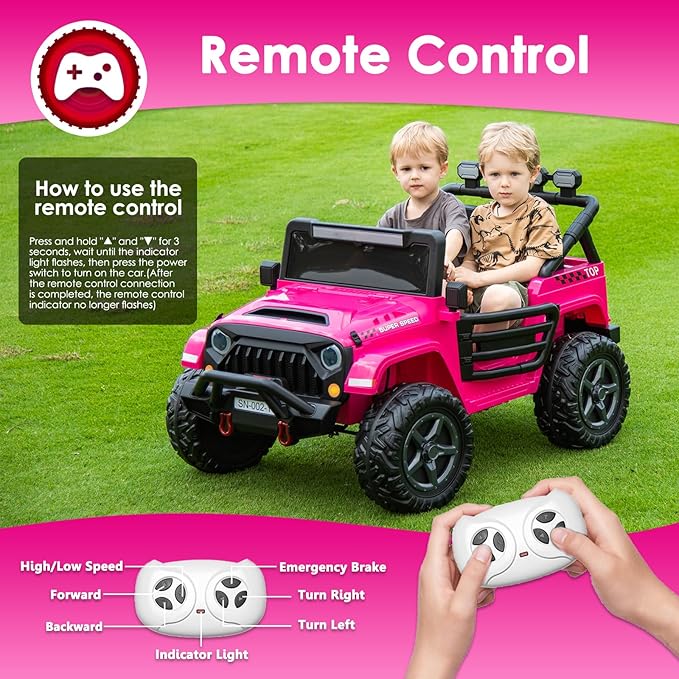 24V 2 Seater Ride On Truck with Remote Control 4WD Electric Car for Kids Ride On Car Battery Powered Ride On Toy Car with Music Player, LED Lights, Bluetooth, Rear Shock Absorber, Hot Pink-CubbioJoy