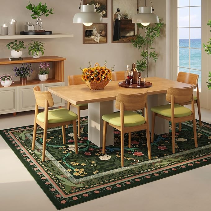 5x7 Washable Rug Vintage Floral Botanical Area Rug Non Slip Low Pile Large Rugs for Living Room, Bedroom, Farmhouse, Dining Room, Kids Playroom, Green-CubbioJoy